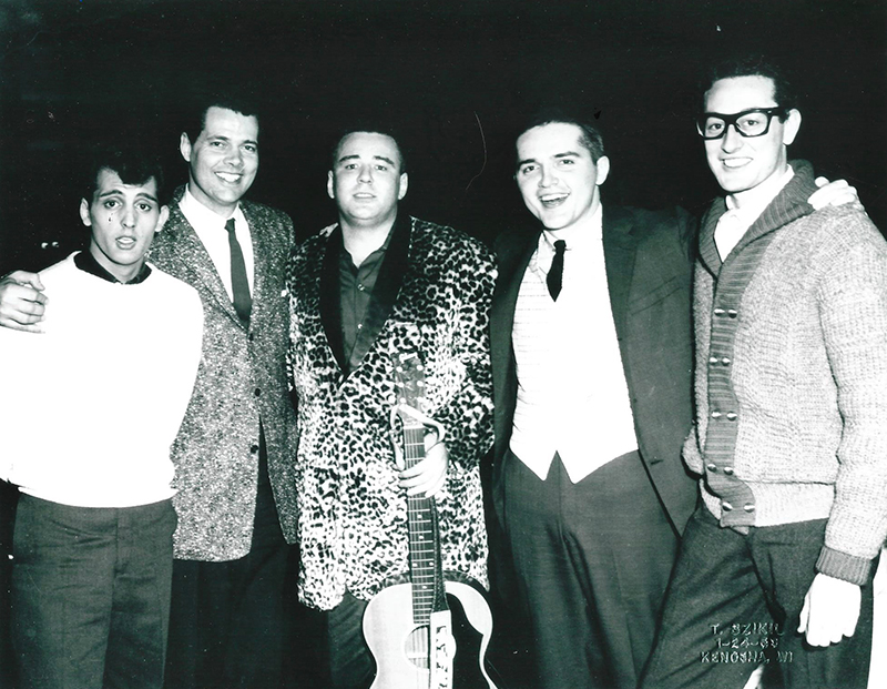 Singer Frankie Sardo, WGN emcee Jim Lounsbury, J.P. “The Big Bopper” Richardson, local DJ (unidentified) and Buddy Holly