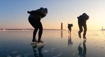 U.S. Olympian and friends skate on the Kenosha Harbor