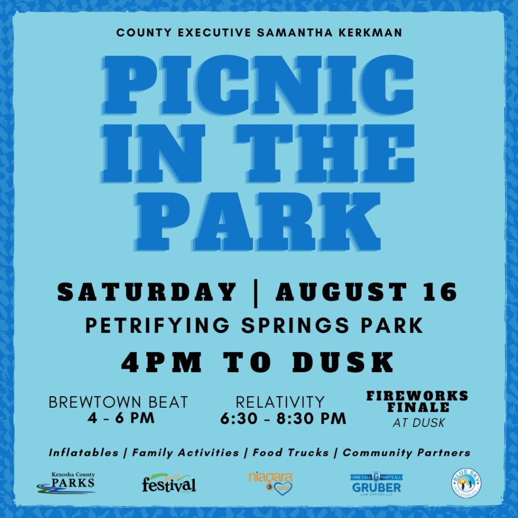 Kenosha County Parks presets Picnic in the Park Saturday August 16 at Petrifying Springs Park 4pm to Dusk