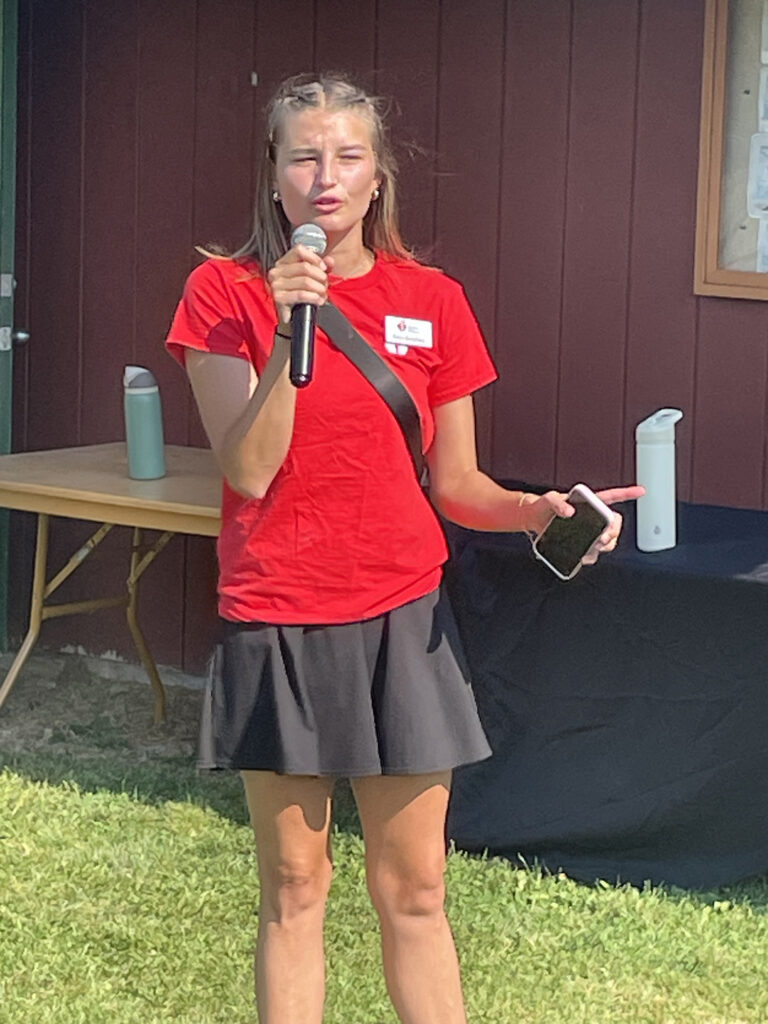 Milwaukee American Heart Association Development Director Kenz Geschke addresses the crowd before the fourth annual Vonco Run/Walk earlier this month at UW-Parkside. Proceeds from the event, spearheaded by Vonco President and CEO Keith Smith, benefitted the American Heart Association, which will hold its Southeastern Wisconsin Heart and Stroke Walk on Sept. 27, in Milwaukee.