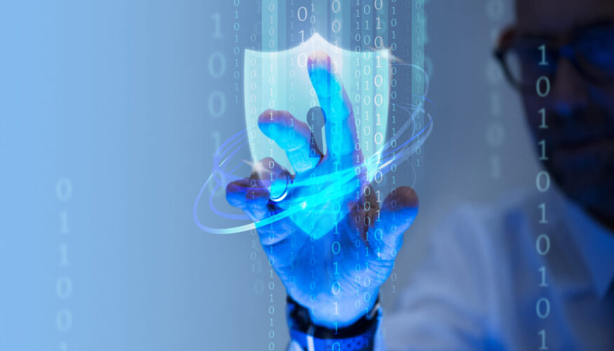 Man-touching-a-digital-security-shield-interface-with-binary-code-overlay - Cyber Insurance