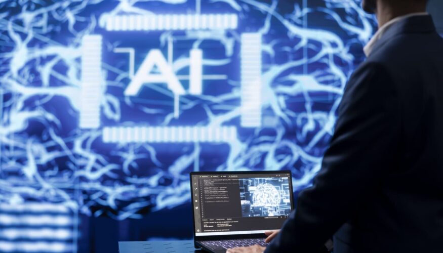 Man using AI software on laptop with digital background - Cybersecurity AI