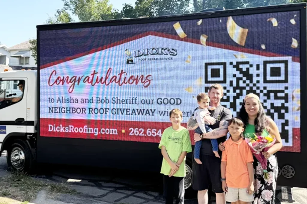 Bob and Alisha Sheriff with family receives Dick's Roof Repair 2025 Free Roof Award