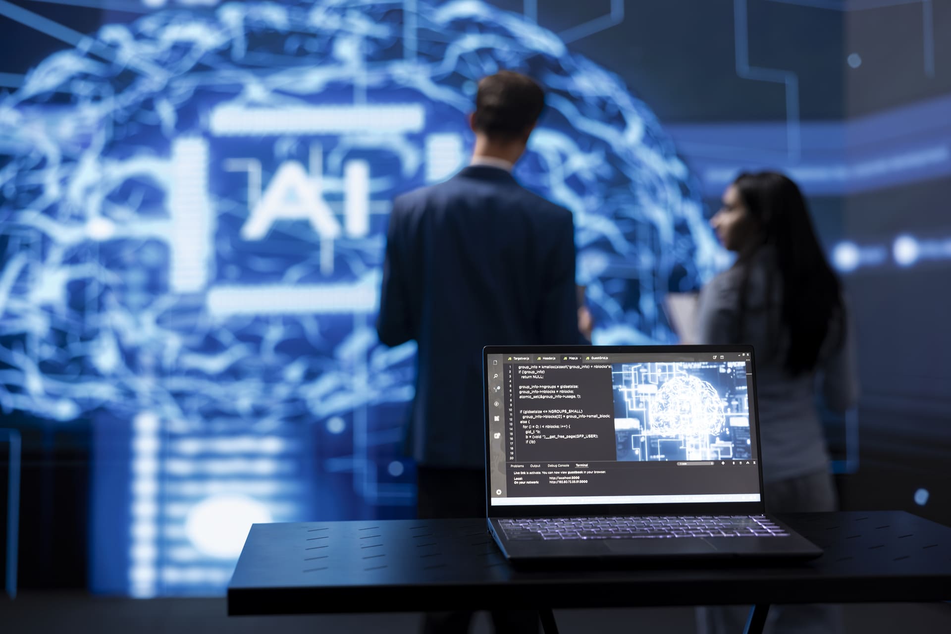 Laptop with AI interface in focus people in background - Cybersecurity