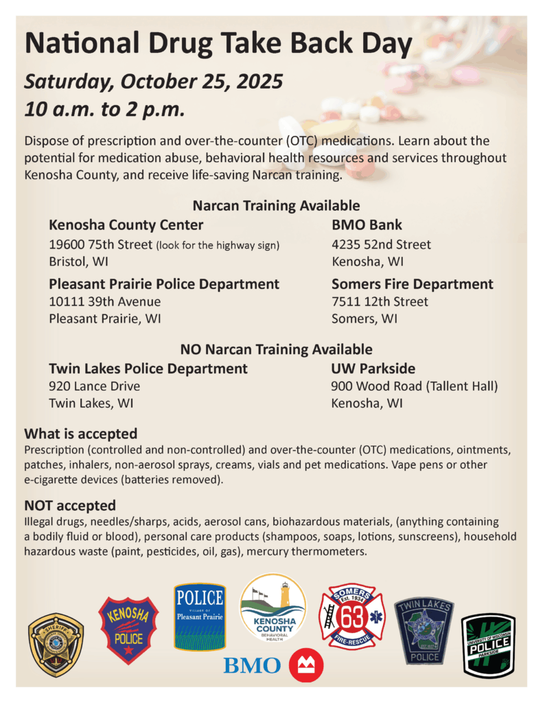 National Drug Take Back Day Kenosha County 2025 Saturday October 25 Event Flyer Listings