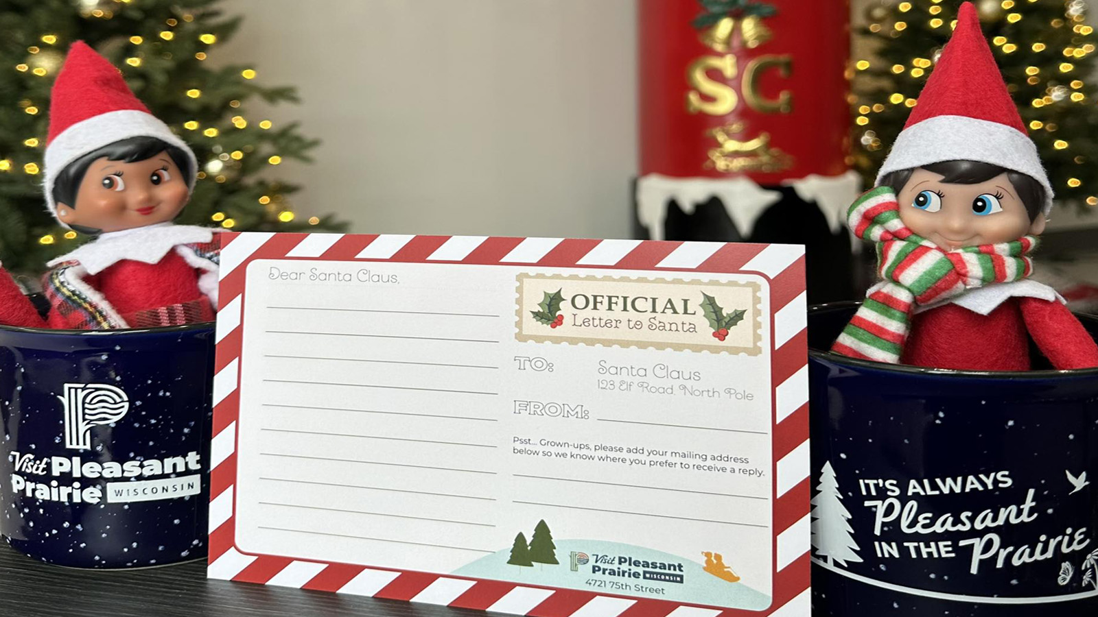 Visit Pleasant Prairie Host Postcards to Santa with elves and official postcards pictured